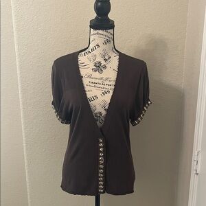 RUEHL No. 925 Brown Short Sleeve Crochet Trim Top with Jeweled Embellished Trim